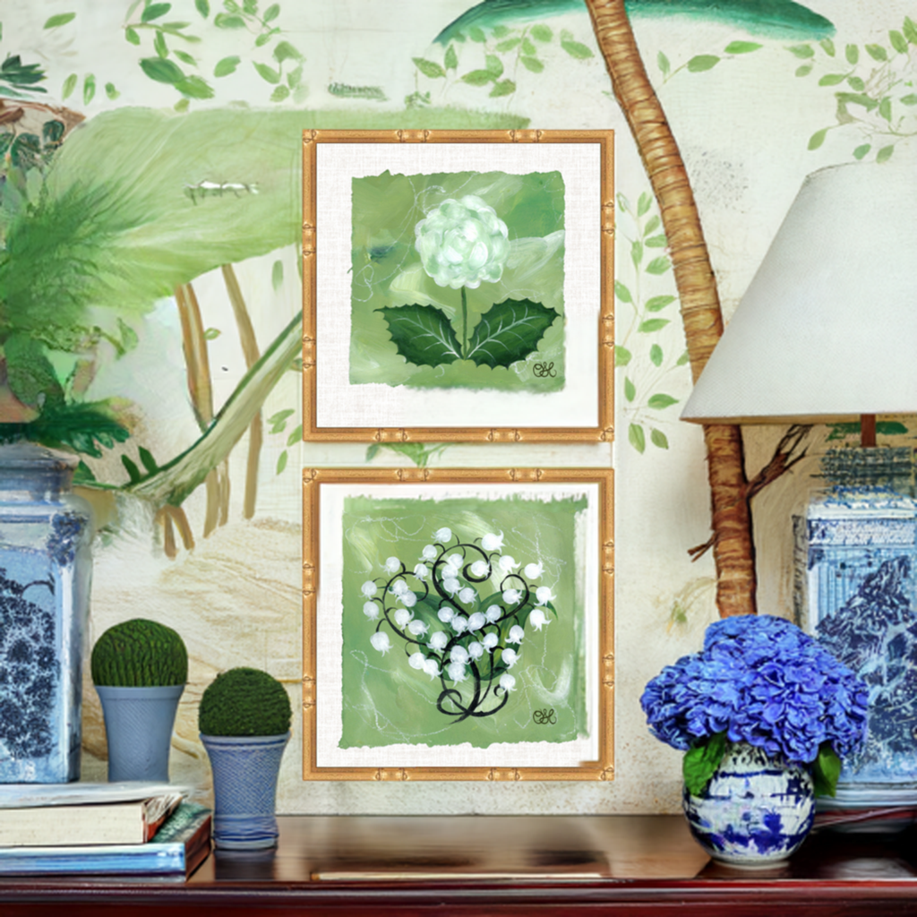 Lily of the Valley & Hydrangeas En Vert Pair on Deckled Edge (8x8)