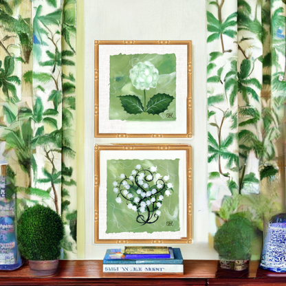 Lily of the Valley & Hydrangeas En Vert Pair on Deckled Edge (8x8)