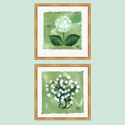 Lily of the Valley & Hydrangeas En Vert Pair on Deckled Edge (8x8)