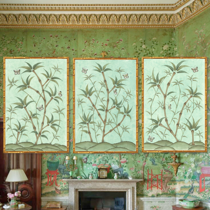 Original Chinoiserie Panels on Silk Triptych (Set of 3) | Bamboo En Fleur