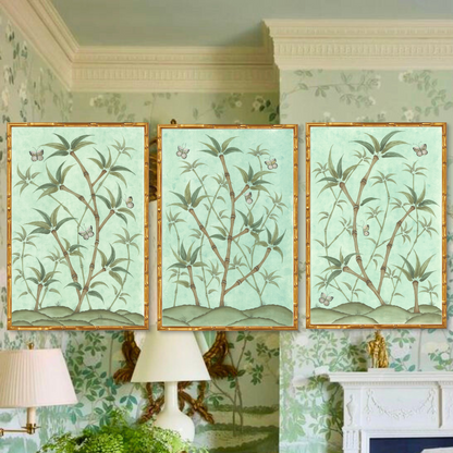 Original Chinoiserie Panels on Silk Triptych (Set of 3) | Bamboo En Fleur